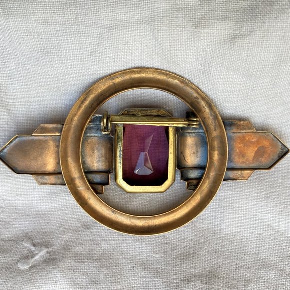 Art Deco Revival Large Amethyst & Brass Brooch - Picture 5 of 5
